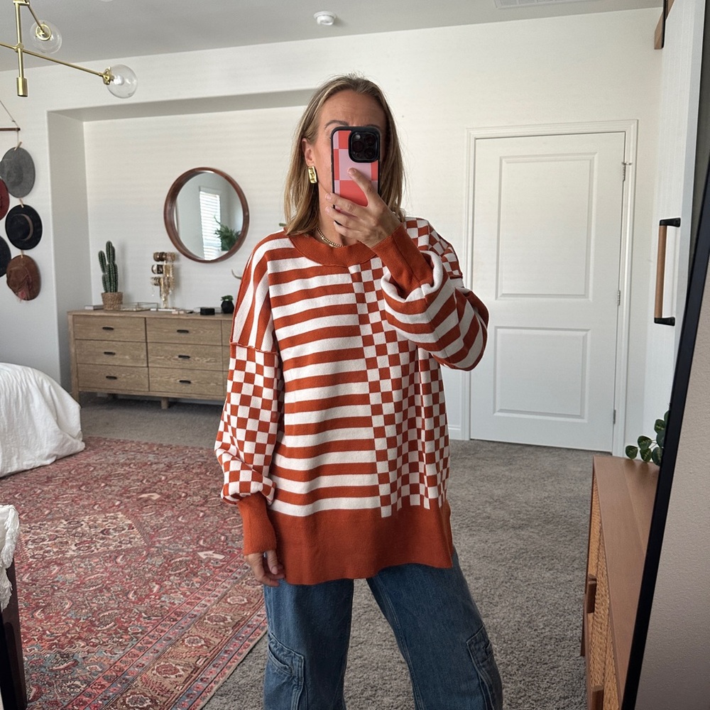 Brand new checkered and stripped crew neck sweater size small